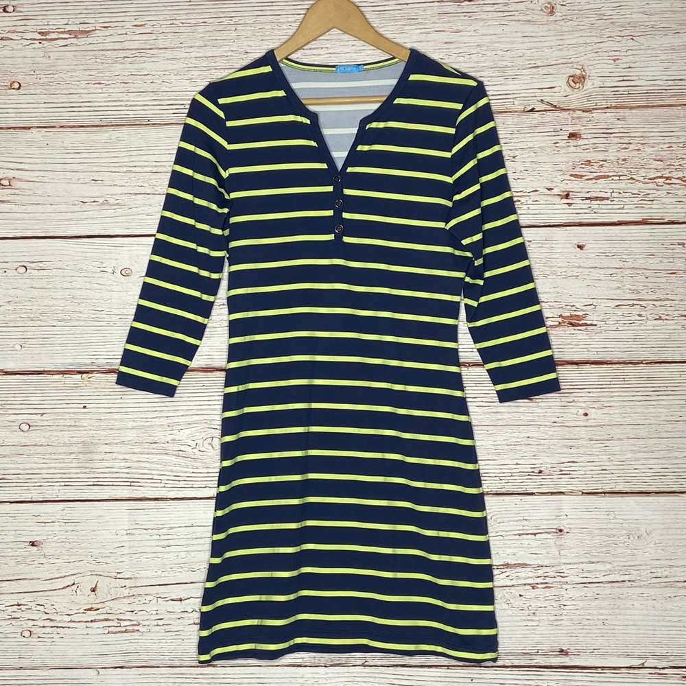 J McLaughlin Lynn Henley Dress in Navy/Citrus Blazer Stripe Sz S